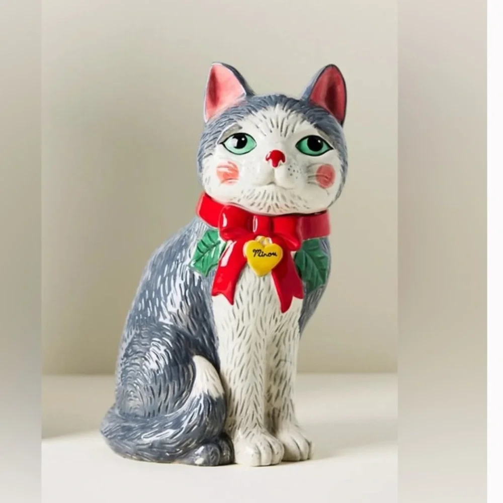 Anthropologie ♥️Peluche 🐱 Darling Cat Ceramic Cookie Jar with Red Bow